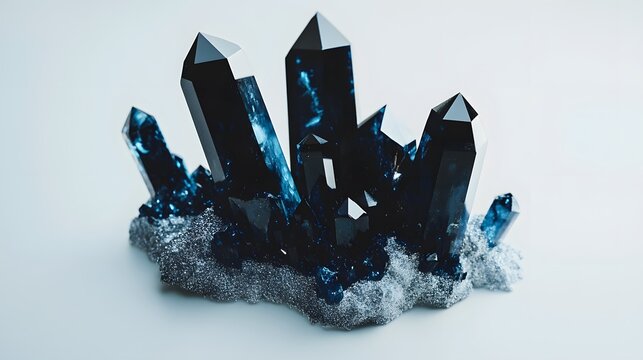 A cluster of pure serendibite crystals, with a deep blue and black luster, arranged on a white surface
