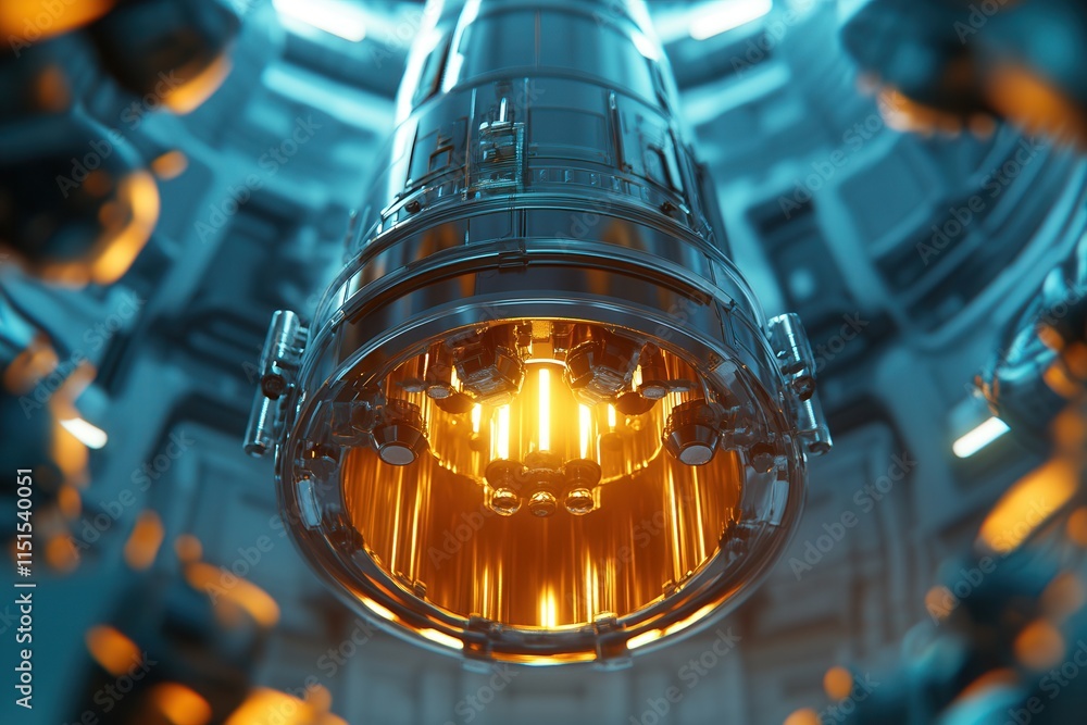 Poster futuristic engine illustration featuring metallic textures and dynamic light flare effects in a tech