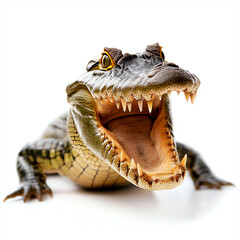 Obraz premium Close-up of a crocodile with an open mouth, showcasing sharp teeth on a white isolated background.