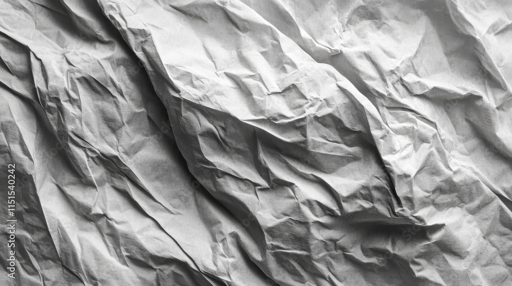 Poster crumpled white paper texture creating a dynamic pattern of folds and shadows in a minimalist style