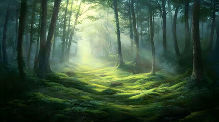 Fototapeta premium Sunlit Path in a Misty Forest: A Magical Landscape