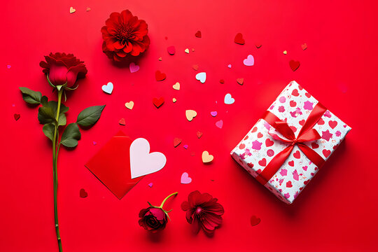 Share the love on Valentine's Day: top view of gift box in themed paper, red roses, an envelope with letter, and heart-shaped confetti, set against a charming red background - Powered by Adobe