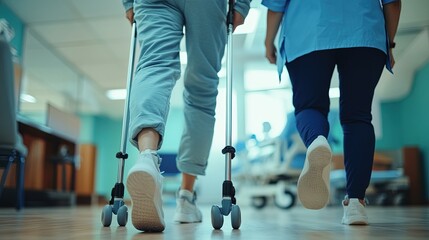 Fototapeta premium A patient using crutches, walking with the help of a physical therapist.