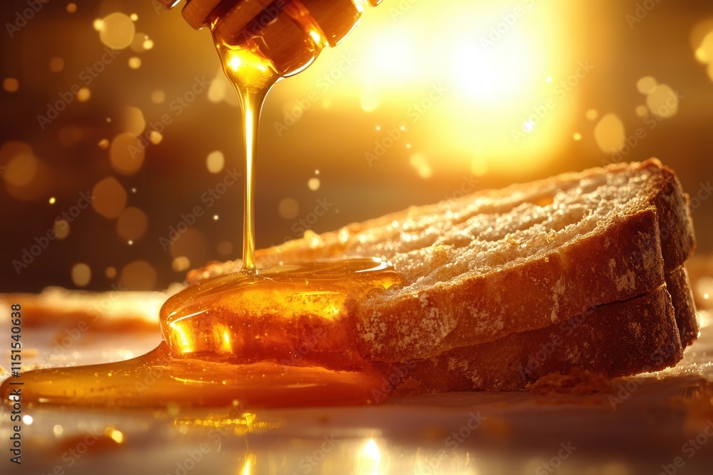 Poster golden honey drips onto freshly sliced bread with dramatic lighting creating a minimalistic breakfas