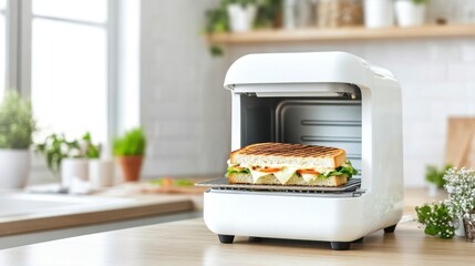 Modern Kitchen Appliance with Grilled Sandwich Inside, Featuring Fresh Ingredients and Bright Atmosphere in a Cozy Kitchen Setup