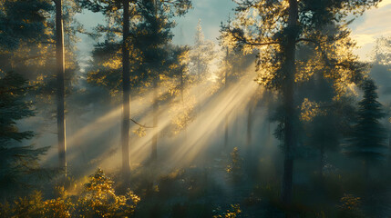 Fototapeta premium Sun Rays Piercing Through Misty Forest: A Serene Landscape
