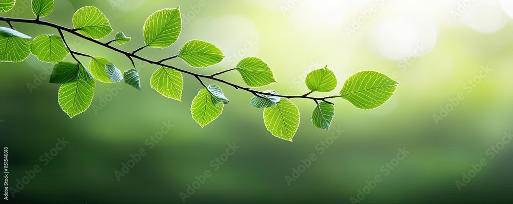 Poster blurred bokeh idea. a close-up of vibrant green leaves on a branch against a softly blurred backgrou