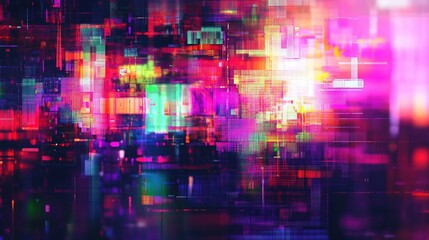 Fototapeta premium A digital glitch effect in vibrant neon colors, creating a distorted abstract background.