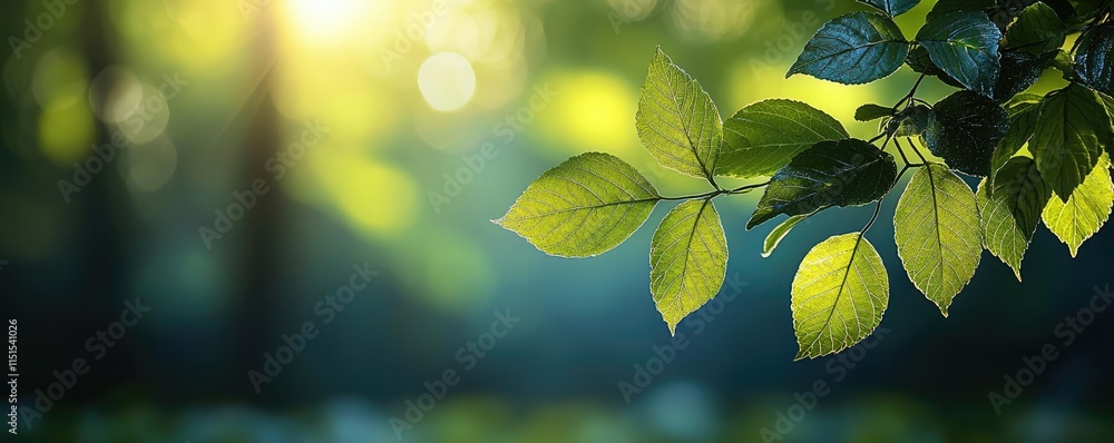 Poster blurred bokeh idea. close-up view of vibrant green leaves illuminated by soft sunlight.