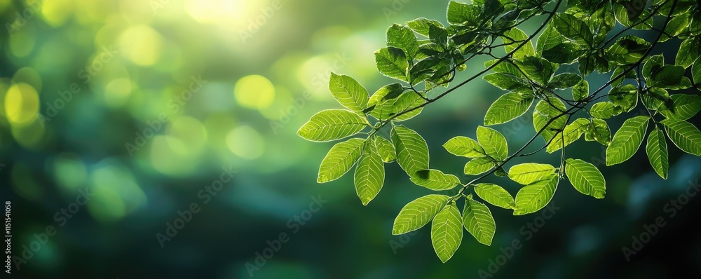 Poster blurred bokeh idea. a close-up view of vibrant green leaves illuminated by soft sunlight in a serene