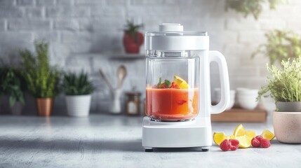 Modern Kitchen Countertop Blender with Fresh Ingredients for Smoothies and Juices in a Bright and Airy Culinary Space