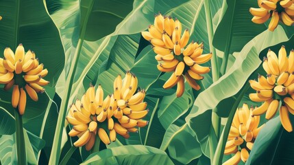 Fototapeta premium 73.A banner-style image of banana trees with clusters of ripe bananas hanging in bunches, surrounded by broad green leaves. The bright yellow bananas are ready for harvest, set against the dense