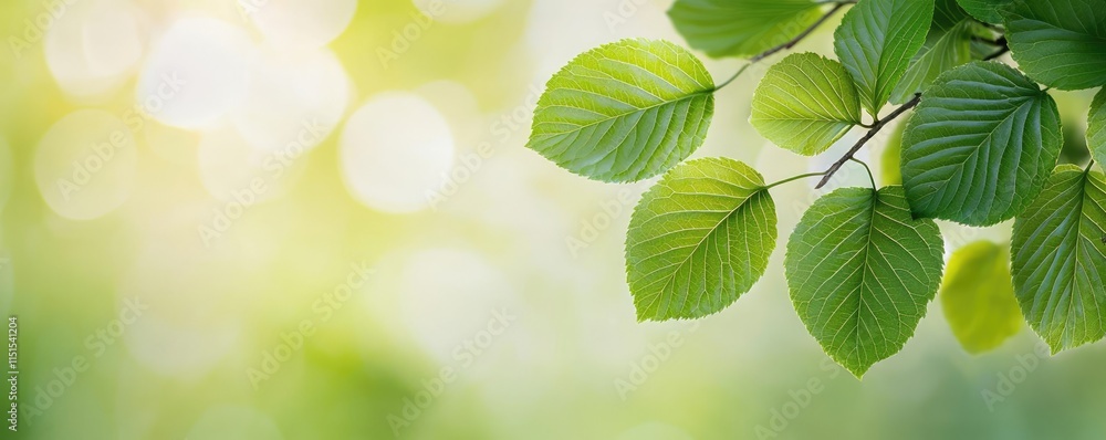 Poster blurred bokeh idea. fresh green leaves with sunlight creating a tranquil nature background.