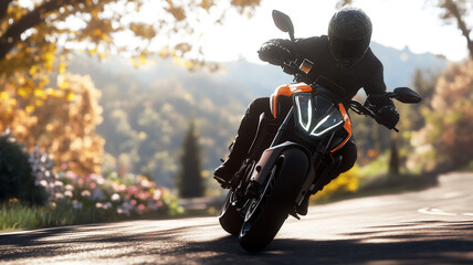 riding a motor during spring in the road during mid-day with a frontal angle 