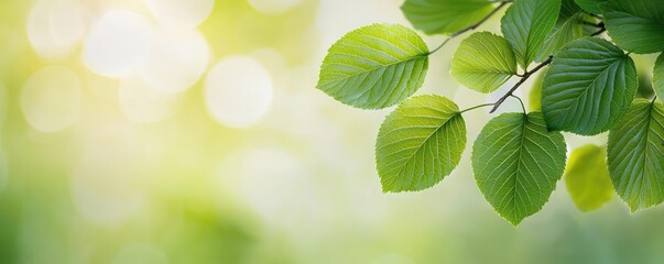 Fototapeta premium Blurred bokeh idea. Fresh green leaves with sunlight creating a tranquil nature background.