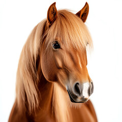 Obraz premium Close-up portrait of a majestic horse with a flowing mane, showcasing its beauty against a white background.