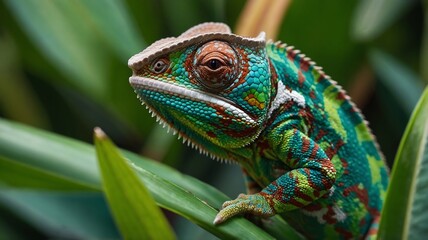 Obraz premium Vibrant Chameleon in Lush Greenery: A Close-Up Portrait