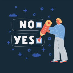 Cartoon vector illustration of woman hold pencil to answer to YES or NO question on dark background.