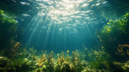 Obraz premium Sunbeams Illuminate Underwater Aquatic Plant Life