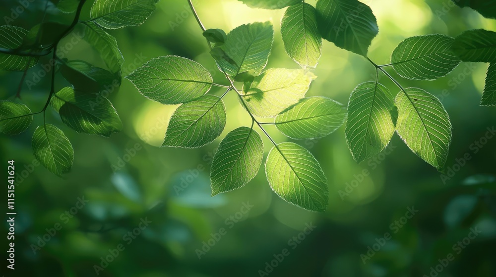 Poster blurred bokeh idea. vibrant green leaves illuminated by soft sunlight, creating a serene and tranqui
