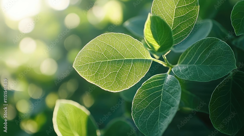 Poster blurred bokeh idea. close-up view of vibrant green leaves illuminated by soft sunlight.
