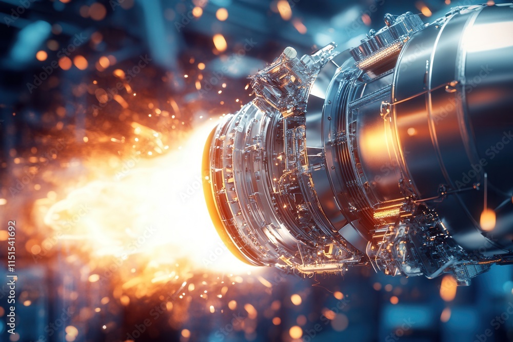Poster high-detail 3d rendered illustration of a dynamic engine with metallic textures and light flares set