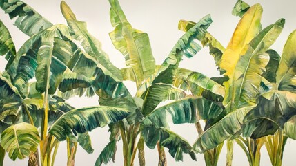 4.An intricate arrangement of banana palms and palm leaves painted in watercolor on a white background, with each leaf showcasing unique green tones and natural imperfections. The tall palms and