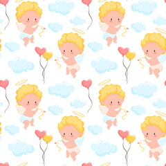 Seamless pattern with cupid and clouds, on white background. Love concept. Valentine's day greeting card. Funny pattern with hearts on the theme of Valentine's day.
