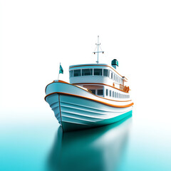 Fototapeta premium Colorful boat with smooth water reflection, isolated on white background.