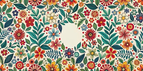 Vibrant Floral Design Featuring a Heart-Shaped Centerpiece of Cream, Ideal for Textile Prints, Wallpapers, and Decorative Projects
