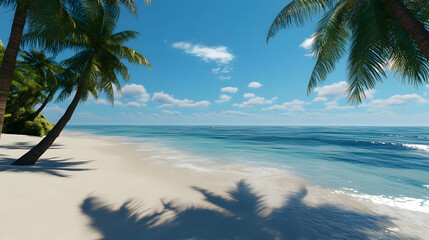 Obraz premium Tranquil Tropical Beach: Palm Trees, Azure Ocean, and White Sand Paradise