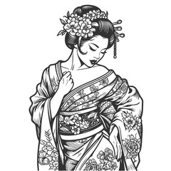 Fototapeta premium geisha in a floral-patterned kimono, asian woman sketch engraving generative ai fictional character raster illustration. Scratch board imitation. Black and white image.