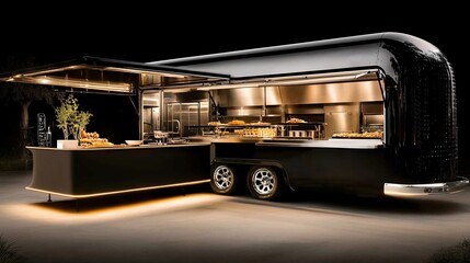 Sleek food truck with modern design and open kitchen.