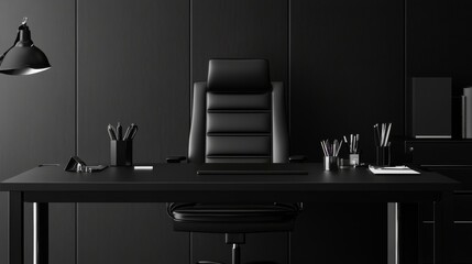  Black leather office workspace featuring dark minimalist design with office supplies and empty copy space for a mysterious and eerie atmosphere