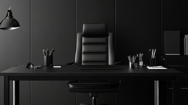  Black leather office workspace featuring dark minimalist design with office supplies and empty copy space for a mysterious and eerie atmosphere