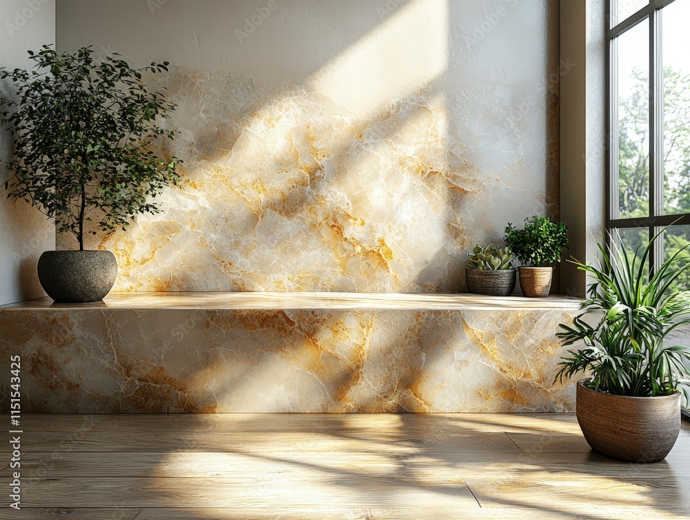 Poster sunlit corner with marble backdrop and built-in bench. potted plants add a touch of nature to this m