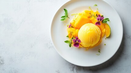 Elegant Mango Sorbet Dessert with Flowers and Mint