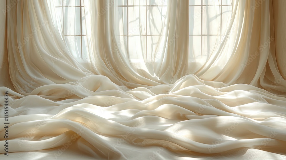 Poster sunlight streams through sheer curtains draped elegantly by a window. the soft light creates a warm 