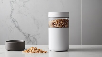 Modern Kitchen Storage Container for Pasta and Dry Foods, Stylish Design with Transparent Lid and Minimalist Aesthetic on Marble Countertop