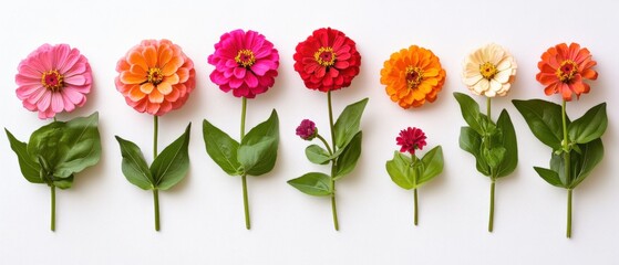 seven zinnia flowers on a white background