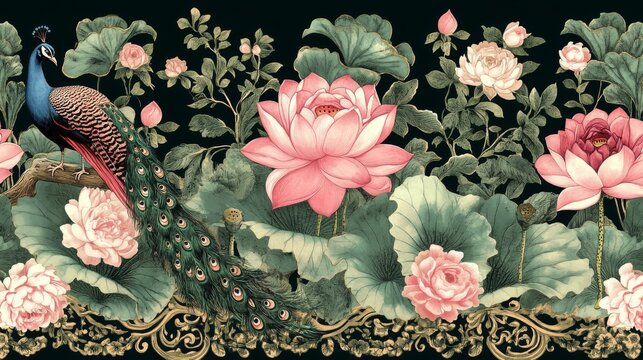 81.Vintage Chinese-inspired seamless border design with delicate pink lotus flowers, soft roses, lush green leaves, and detailed peacocks, creating a continuous pattern with an antique, elegant feel.