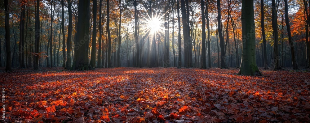Poster autumn forest concept. sunlight filters through autumn trees in a serene forest, creating a tranquil