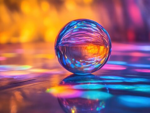 Glass sphere reflecting colorful lights on vibrant background