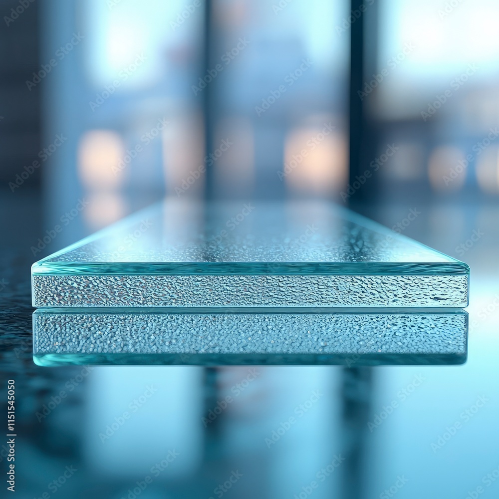 Poster a rectangular piece of frosted glass rests on a reflective surface. its textured edges catch the lig