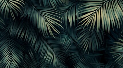 23.A seamless vintage pattern illustration with tropical palm leaves in overlapping layers, each leaf rendered in a realistic style with fine textures. The classic botanical design has a natural,