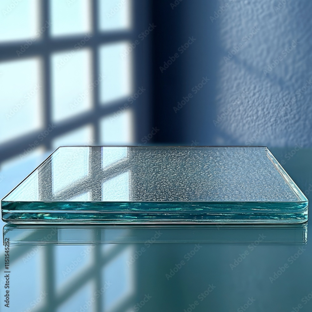 Poster a square piece of textured glass rests on a reflective surface. light from a window shines through t