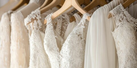 Elegant white wedding dresses hanging on a rack in bridal boutique for brides to choose from.