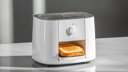 Modern White Toaster with Golden Brown Toast on a Countertop, Showcasing Simple Design and Efficient Functionality in a Bright Kitchen Setting