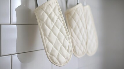 Neat and Stylish Kitchen Mitts Hanging in Modern Culinary Space, Showcasing Minimalist Design with Soft Neutrals and Cozy Textures for Everyday Cooking Needs