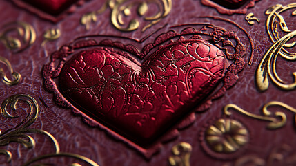 Valentine's card featuring embossed heart designs, deep ruby red tones, and gold script typography 